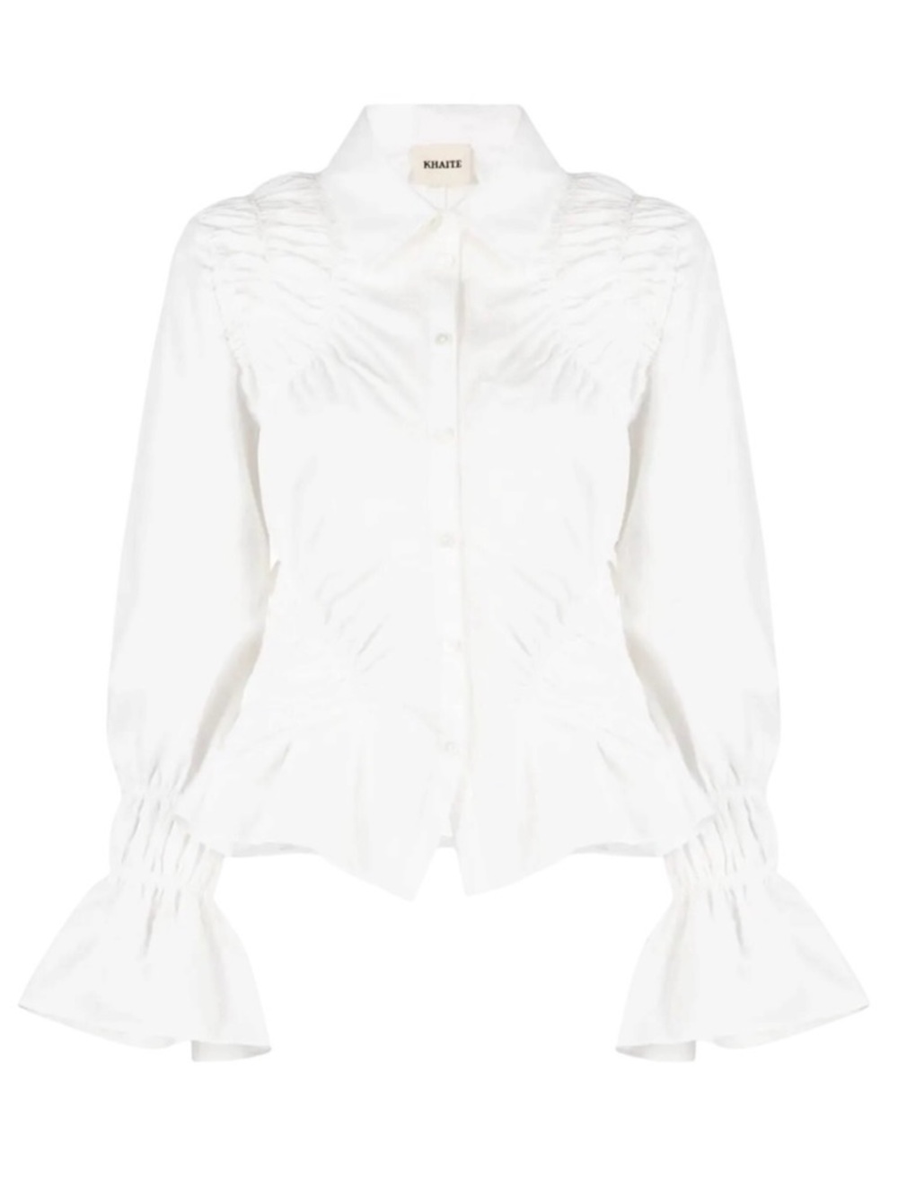 KHAITE White Ruched Cotton Button-Up Blouse